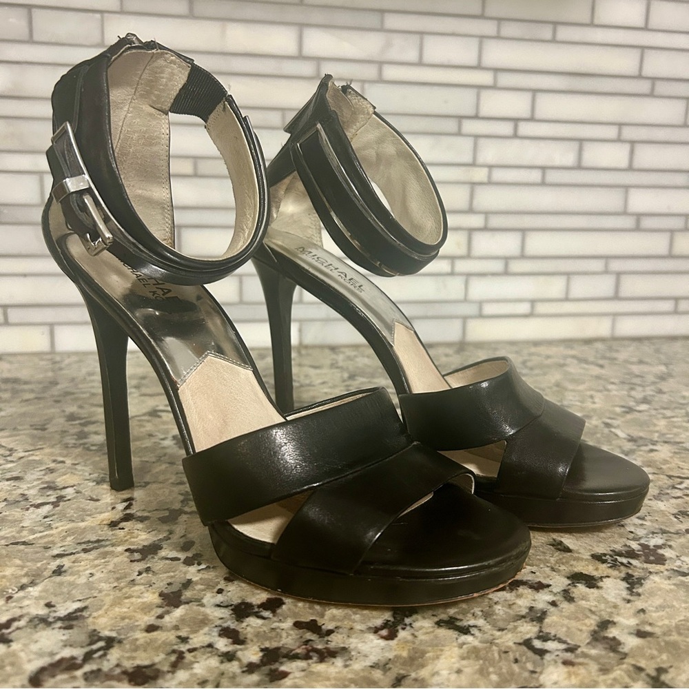 Michael Kors Black Ankle Strap Heels with Silver Zipper Back